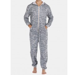 Men Gray Camo Loungewear Jumpsuit Thicken Thermal Loose Zip Down Hooded Home Pajamas With Pockets