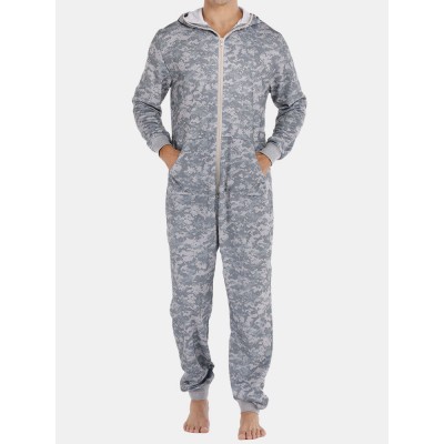 Men Gray Camo Loungewear Jumpsuit Thicken Thermal Loose Zip Down Hooded Home Pajamas With Pockets