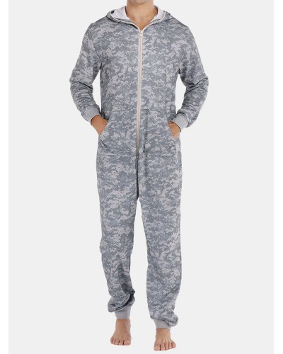 Men Gray Camo Loungewear Jumpsuit Thicken Thermal Loose Zip Down Hooded Home Pajamas With Pockets