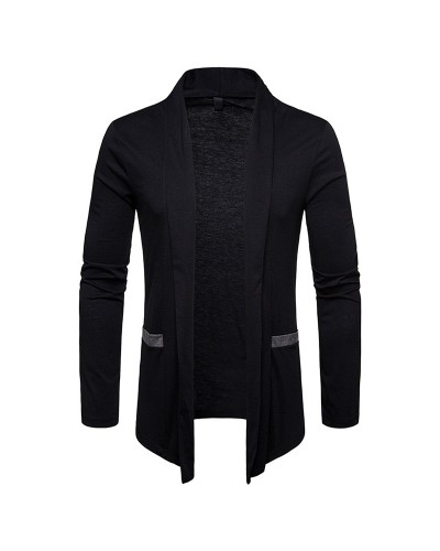 Men Brief Plus Size Mid Length Stitching Color Pockets Turndown Collar Cardigans