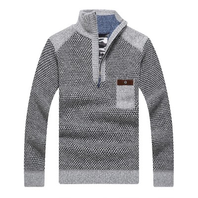 Men’s Casual Thicken Patchwork Half  Zipper Stand Collar Chest Pocket Knit Pullovers Sweaters