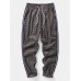 Mens Striped Side Plaid Pattern Drawstring Waist Preppy Pants