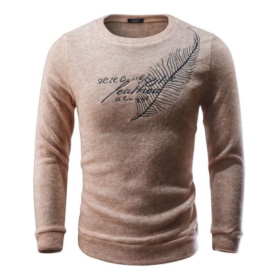 Men’s Casual Rabbit Fur Decorative Feather Letters Embroidery Round Neck Slim Fit Sweaters