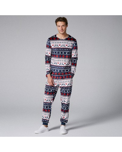 Mens Two  Pieces O Neck Christmas Pajama Set Peers Fairisle Printing Sleepwear Loungewear