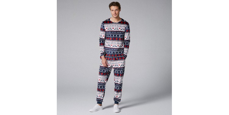 Mens Two  Pieces O Neck Christmas Pajama Set Peers Fairisle Printing Sleepwear Loungewear