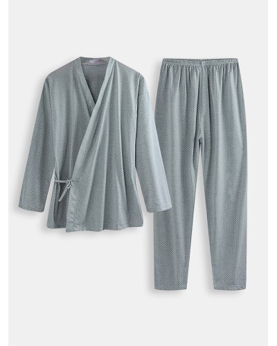 Men Polka Dot Kimono Robe Set Thin Loose Breathable Home Casual Loungewear Pajama Set