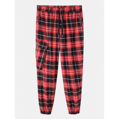 Mens Vintage Plaid Multi Pocket Cotton Jogger Pants